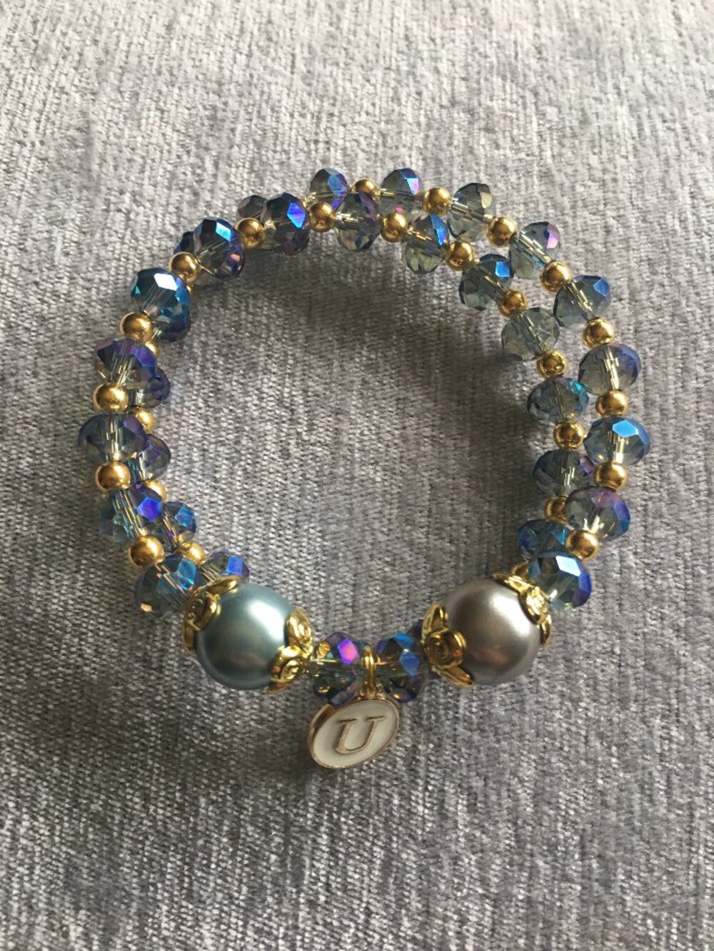 Memory Wire Bracelet • Blue Crystals & Gold Beads • Initial Charm Included